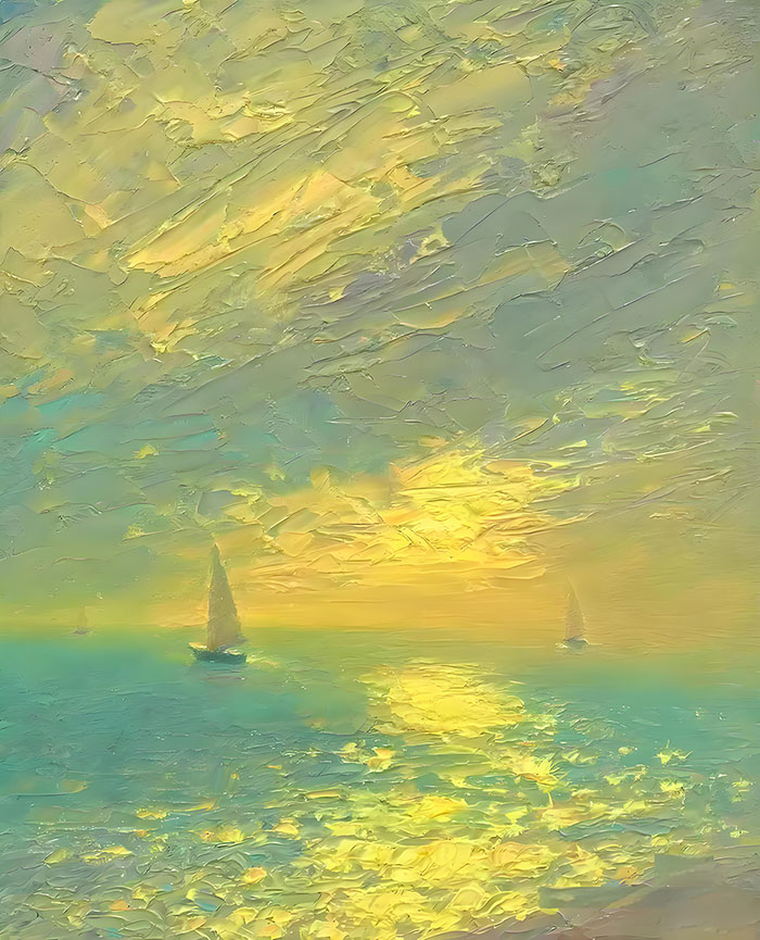 Symphony oil painting of the sea, dark clouds, and sunset